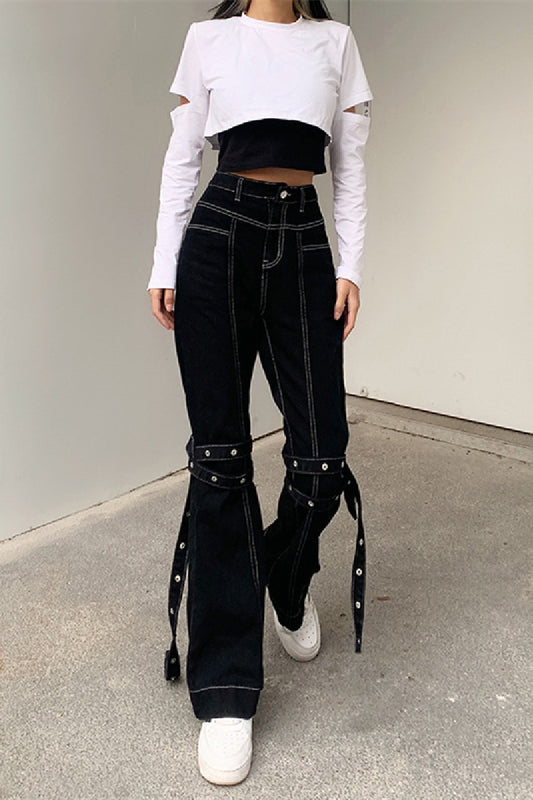 Denim High Waist Lace Up Flare Black Daily Jeans