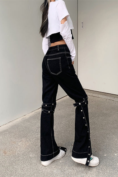 Denim High Waist Lace Up Flare Black Daily Jeans