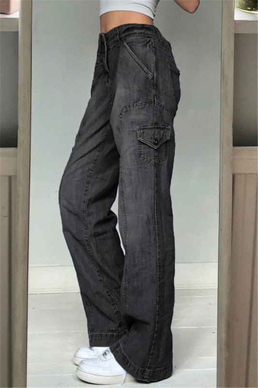 Denim Pocket Button High Waist Black Casual Jeans