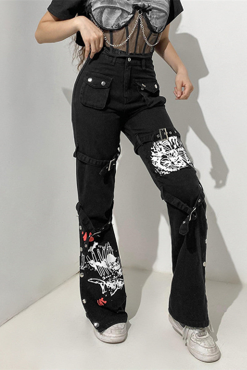 Denim Lace Up Metal Buttons Graphic Print Black Daily Jeans