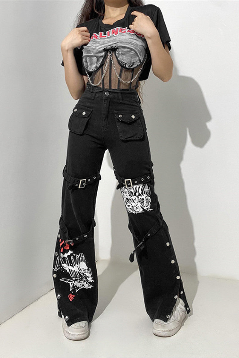Denim Lace Up Metal Buttons Graphic Print Black Daily Jeans