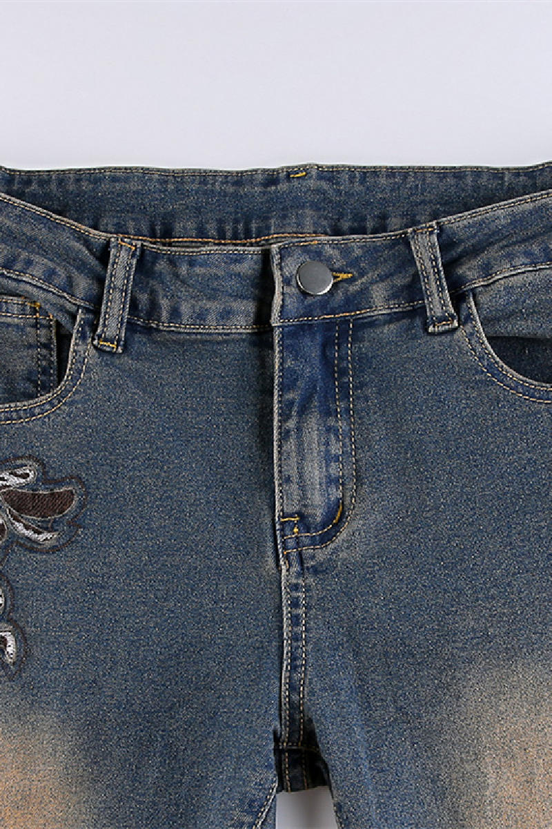 Denim Embroidery Low-Waist Flare Dark Blue Daily Jeans