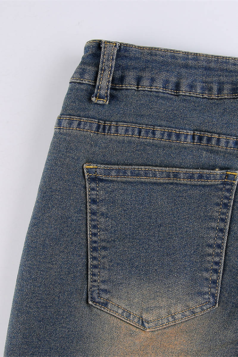 Denim Embroidery Low-Waist Flare Dark Blue Daily Jeans