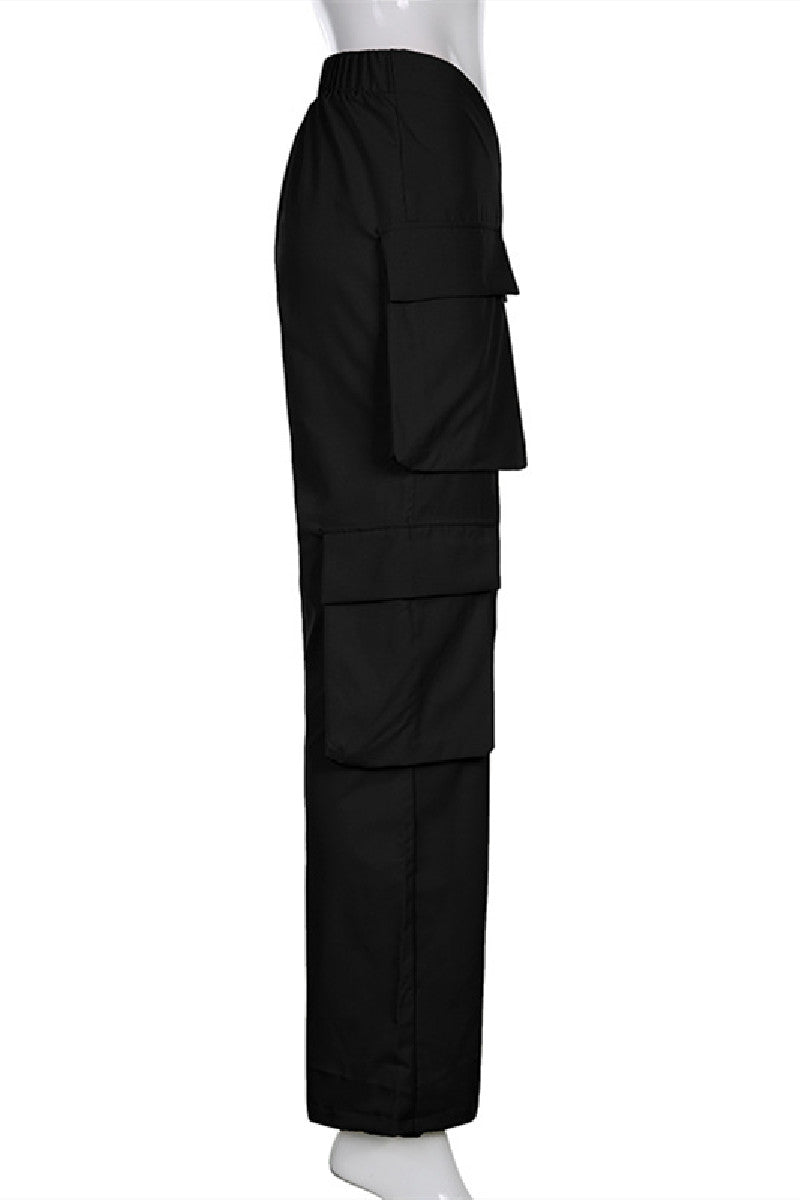 Multi-Pockets V Design Tunic Bib Overall Black Daily Pants