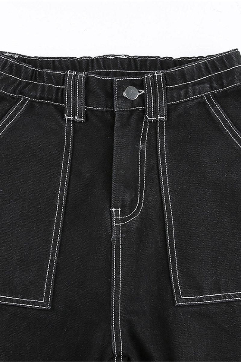 Denim High Waist Multi-Pockets Wide-Legs Black Daily Jeans