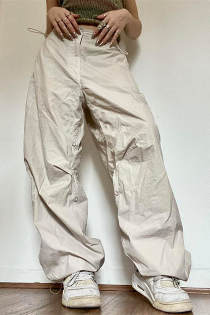 Wide-Legs High Waist Bib Overall Drawstrings Khaki Casual Pants