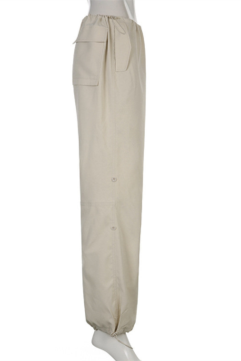 Wide-Legs High Waist Bib Overall Drawstrings Khaki Casual Pants