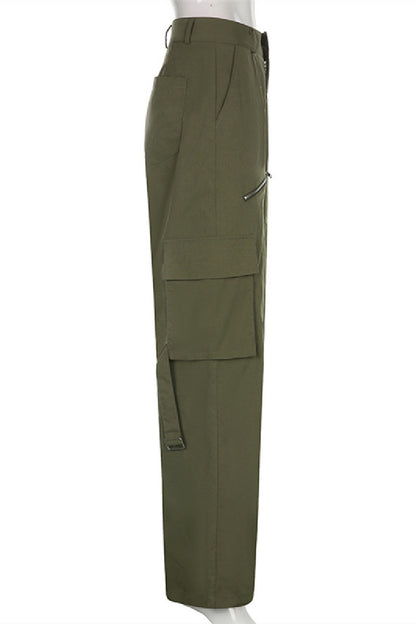 Multi-Pockets Zippers Bib Overall Wide-Legs Army Green Casual Pants