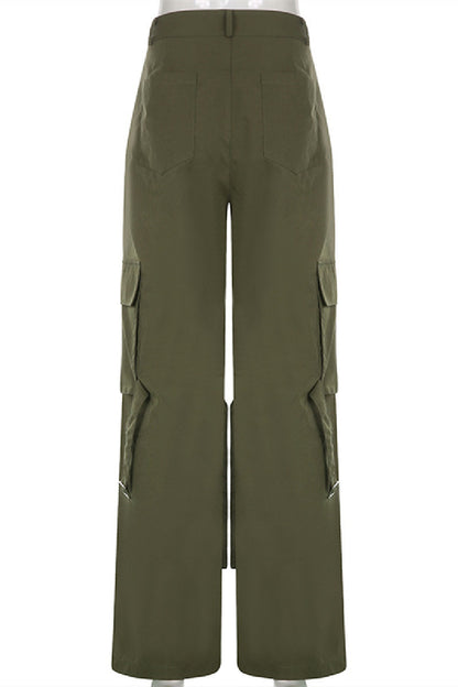 Multi-Pockets Zippers Bib Overall Wide-Legs Army Green Casual Pants