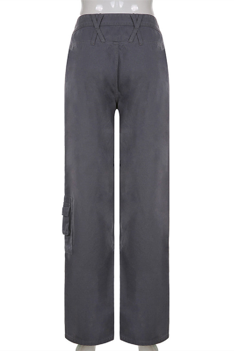 Denim Multi-Pockets Sash Belt Wide-Legs Grey Casual Jeans