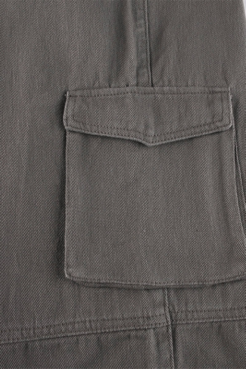 Denim Multi-Pockets Sash Belt Wide-Legs Grey Casual Jeans