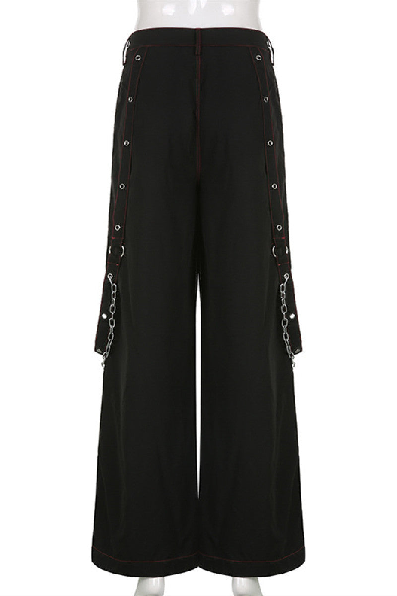 Stripe Mesh Stitching Chains Ribbons Wide-Legs Black Daily Pants