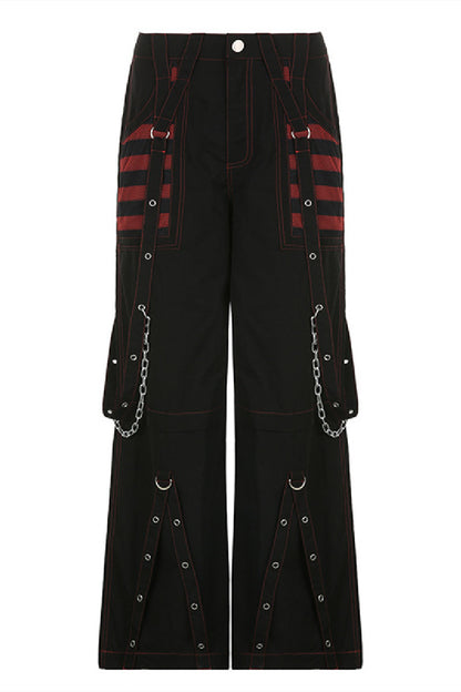 Stripe Mesh Stitching Chains Ribbons Wide-Legs Black Daily Pants