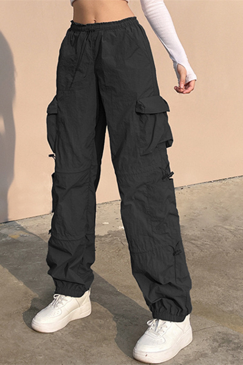 Multi-Pockets Low Waist Drawstrings Bib Overall Grey Casual Pants