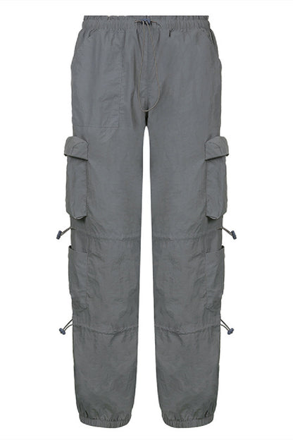 Multi-Pockets Low Waist Drawstrings Bib Overall Grey Casual Pants