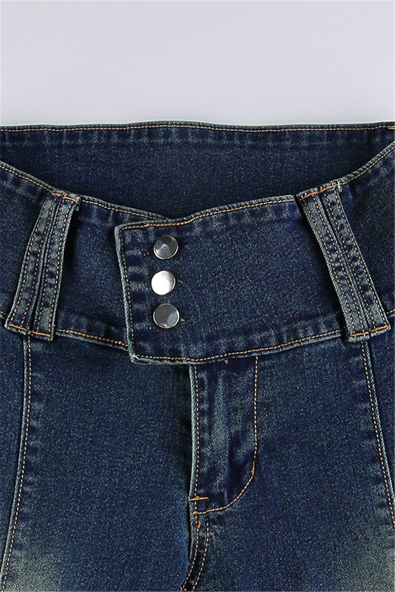 Denim Button High Waist Faded Dark Blue Casual Flare Jeans