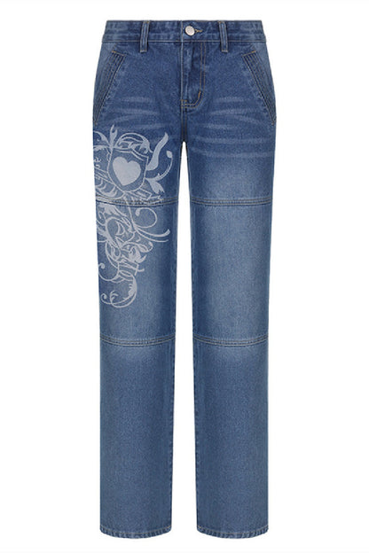 Denim Graphic Print Low Waist Wide-Legs Blue Casual Jeans