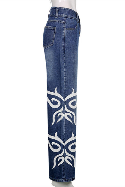 Denim Graphic Print Low Waist Wide-Legs Blue Casual Jeans