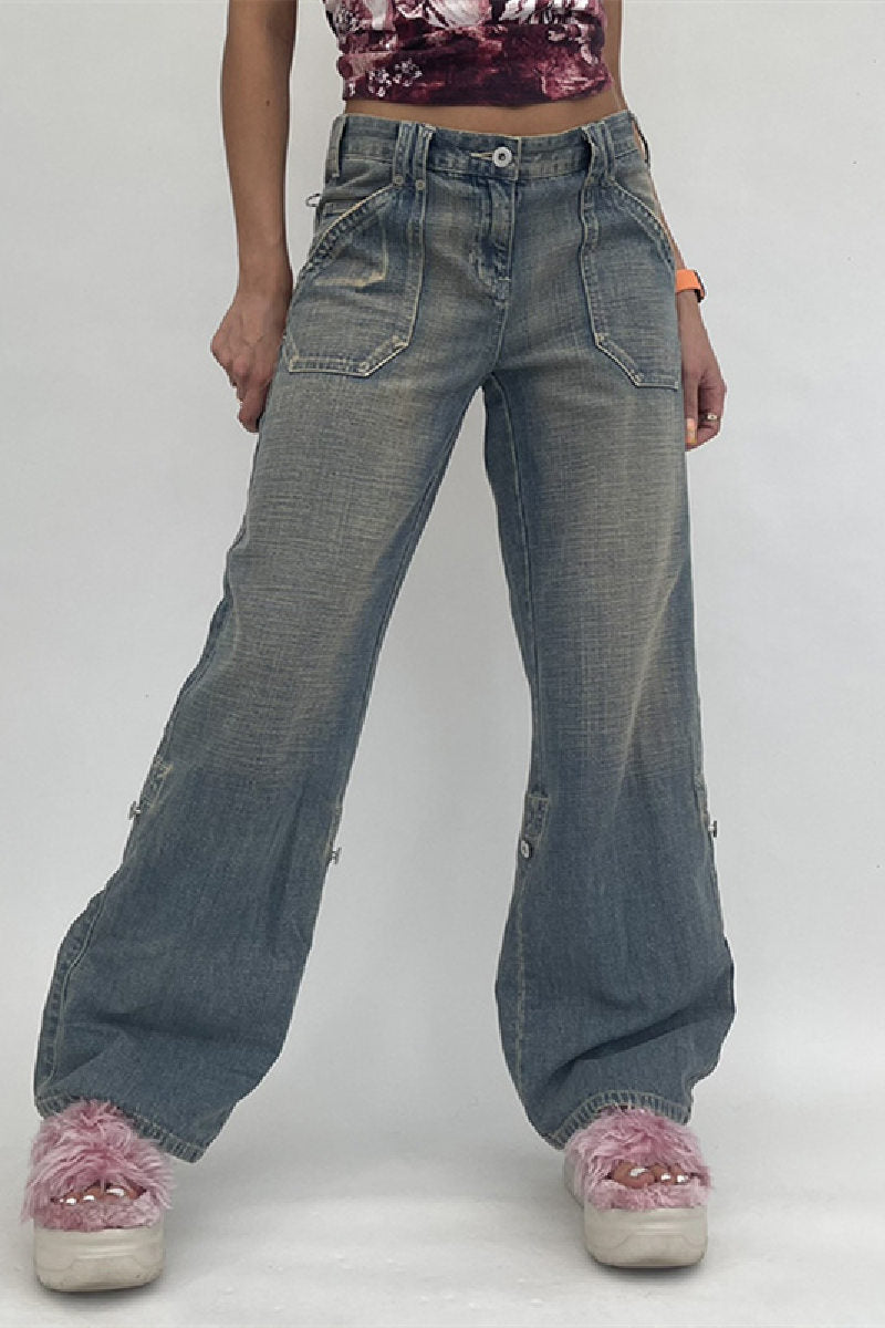 Denim Multi-Pockets High Waist Wide-Legs Blue Daily Jeans