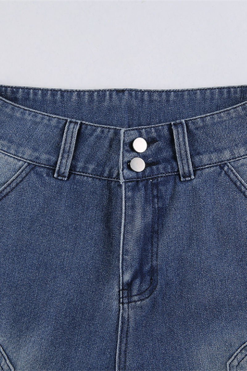 Denim Multi-Pockets High Waist Wide-Legs Blue Daily Jeans