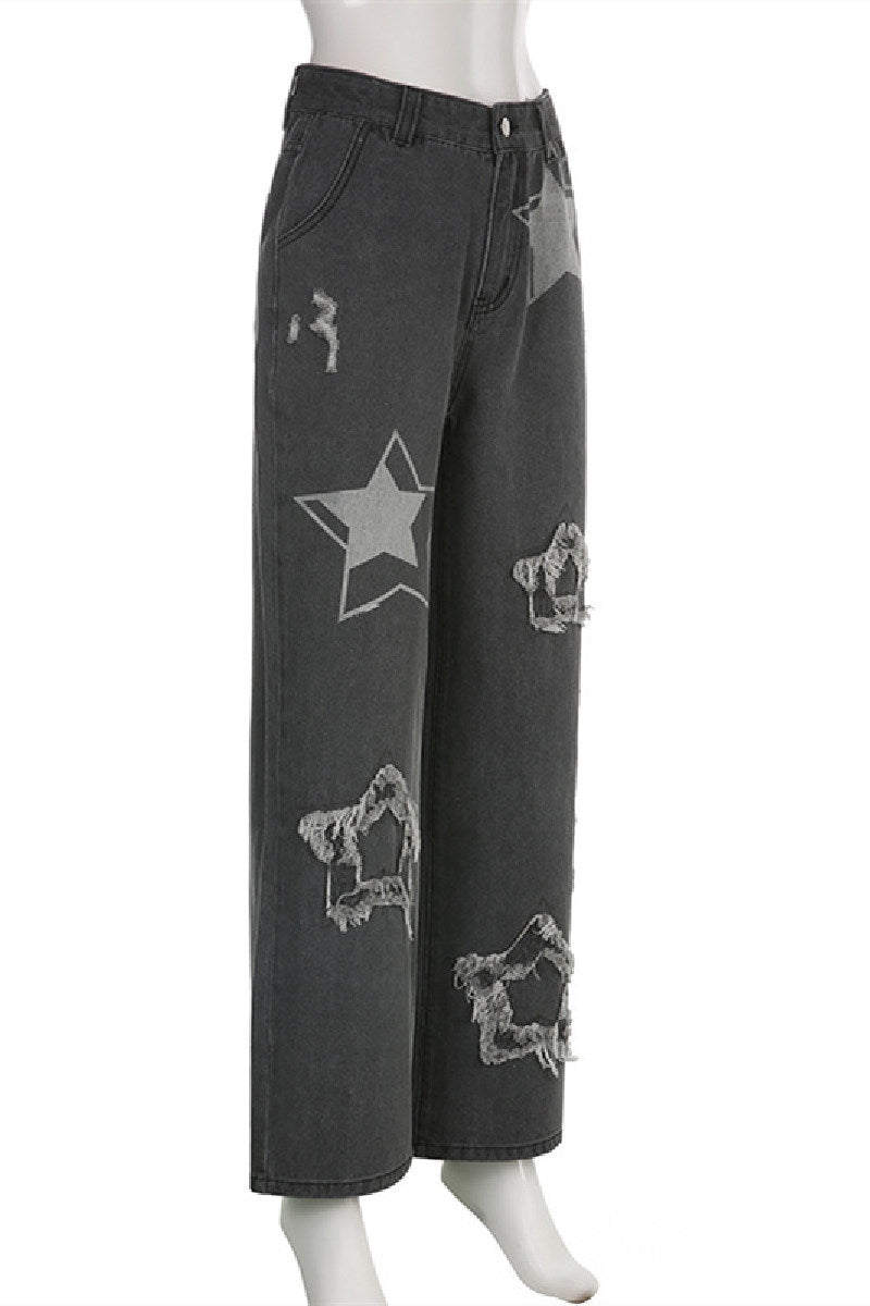 Denim Stars Print Patchwork Wide-Legs Dark Grey Daily Jeans