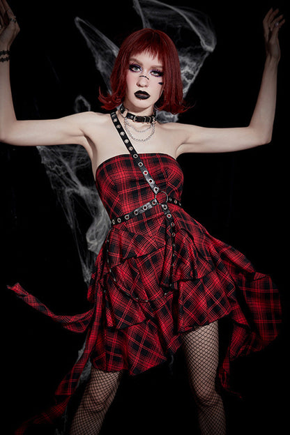 Gothic Red Party Plaid Irregular Hem Strapless A-line Mini Dress (With Belt)