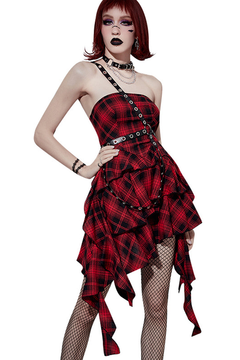 Gothic Red Party Plaid Irregular Hem Strapless A-line Mini Dress (With Belt)
