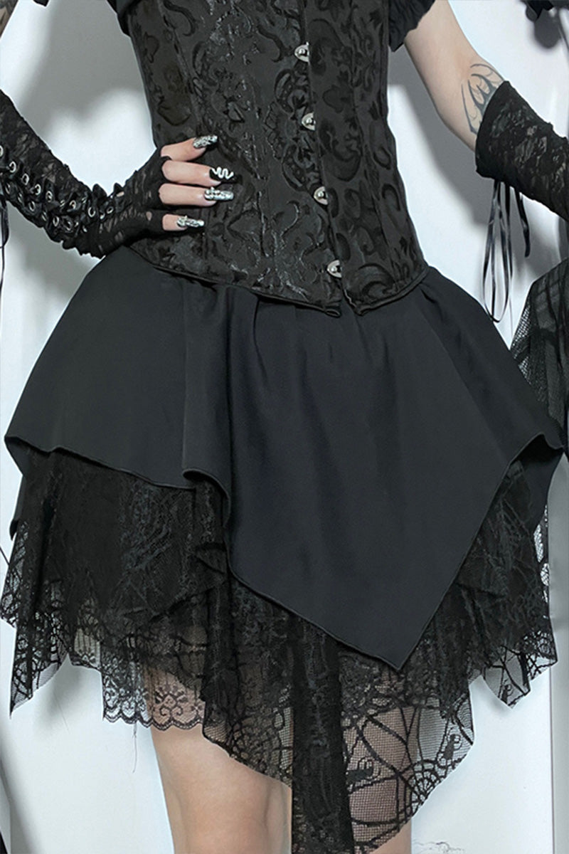 Gothic Black Party Patchwork Lace Irregular Hem Ruffle Skirt