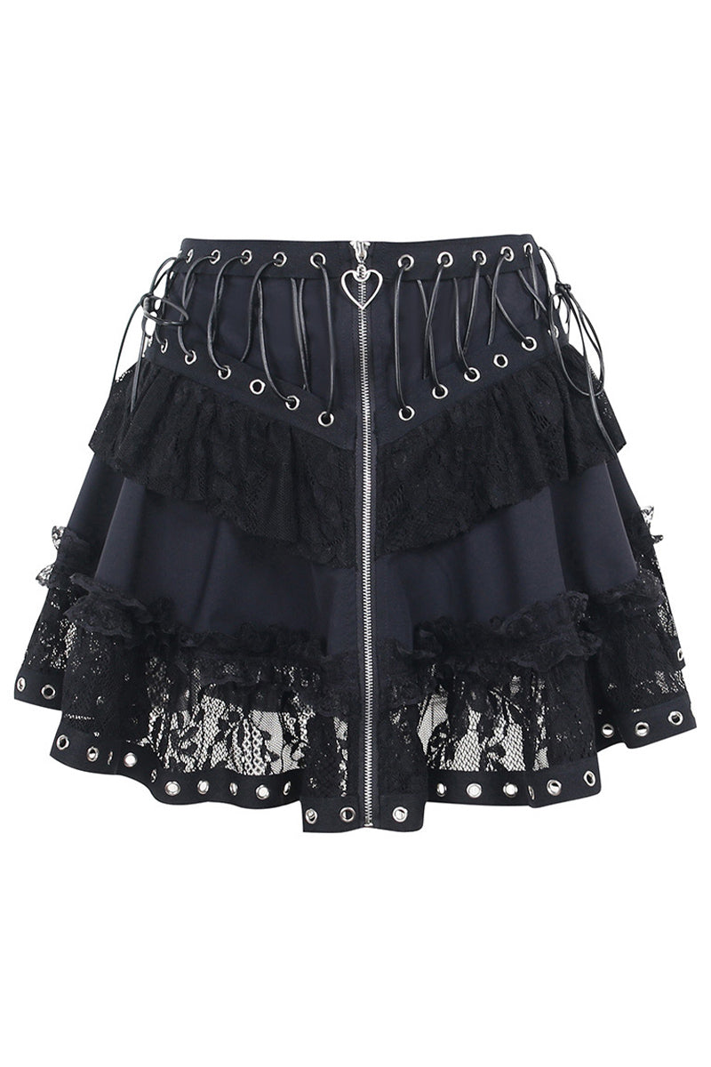 Gothic Black Lace Patchwork Lace Up Metal Buttons Heart-shaped Zipper Skirt