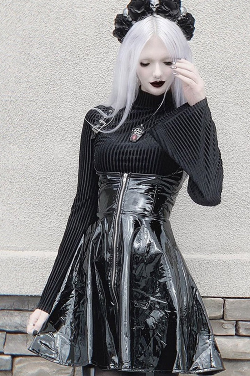 Gothic Black Party Patent PU Leather Straps Grommet Zipper Corset A-line Mini Dress
