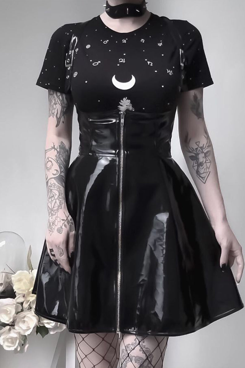 Gothic Black Party Patent PU Leather Straps Grommet Zipper Corset A-line Mini Dress