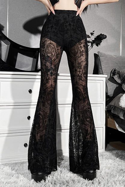 Gothic Black Party Lace See-through High Waist Bell Bottom Pants