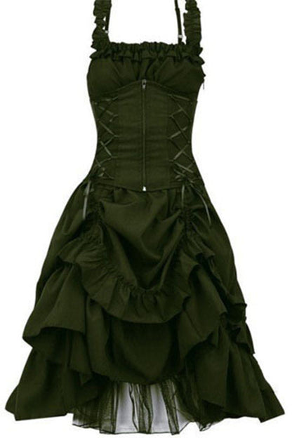 Gothic Black Party Cami Lace Ruffle Lace Up Cinched Waist Irregular Hem Midi Dress