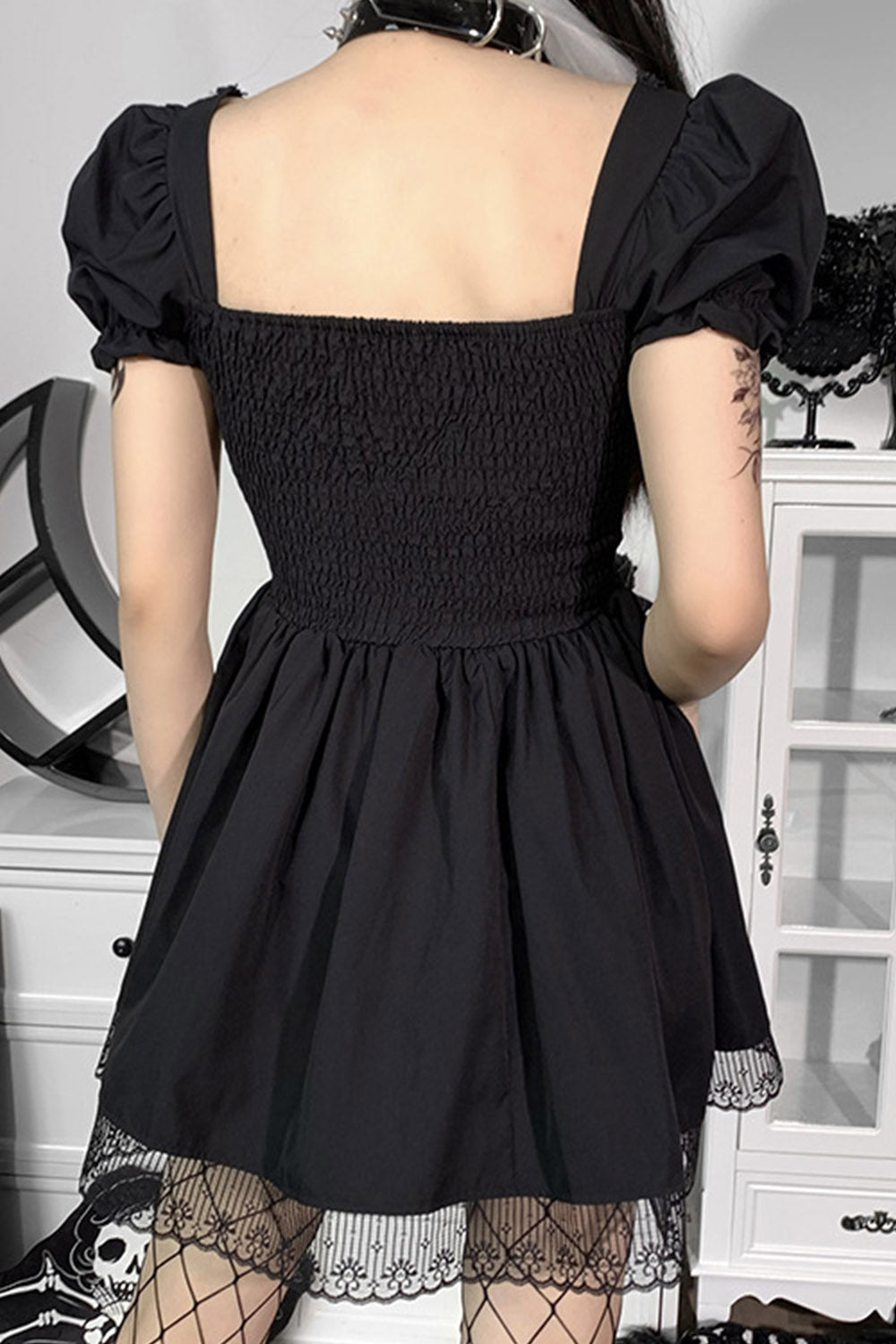 Gothic Black Party Lace Up Puff Sleeve Lace Fitted Bodice Ruffle A-line Mini Dress