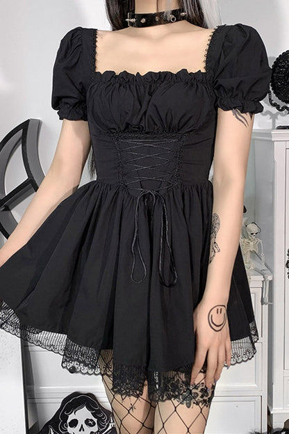 Gothic Black Party Lace Up Puff Sleeve Lace Fitted Bodice Ruffle A-line Mini Dress