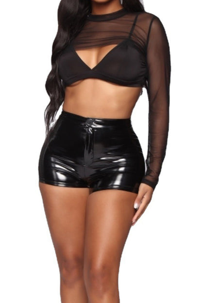 Gothic Plus Size Black Casual Patent PU Leather Skinny Shorts