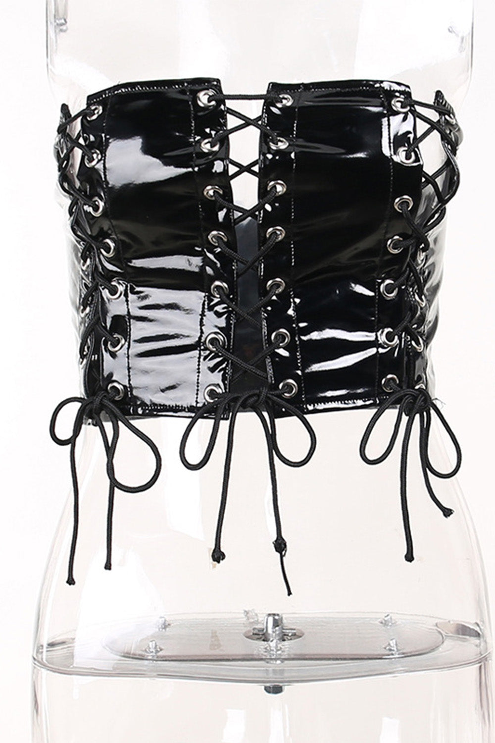 Gothic Black Party See-through Mesh Hollow Out Smock Lace Up Patent Tube Top Two Pieces Blouses Set