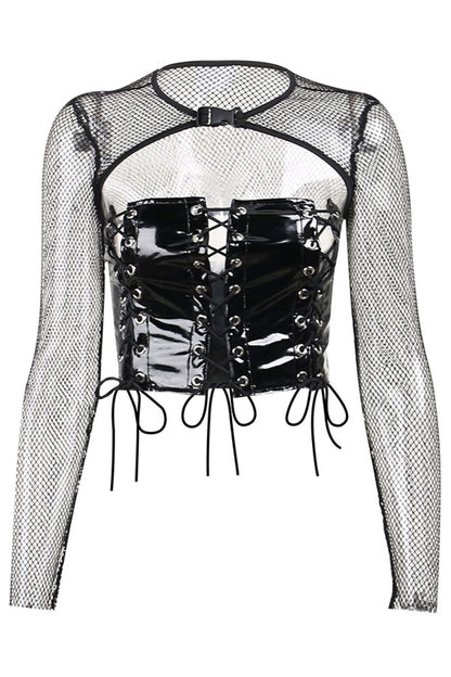 Gothic Black Party See-through Mesh Hollow Out Smock Lace Up Patent Tube Top Two Pieces Blouses Set
