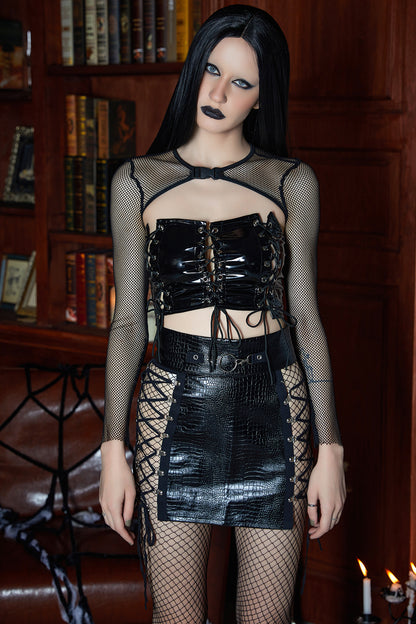 Gothic Black Party Lace Up Hollow Out Drawstring Bodycon Skirt