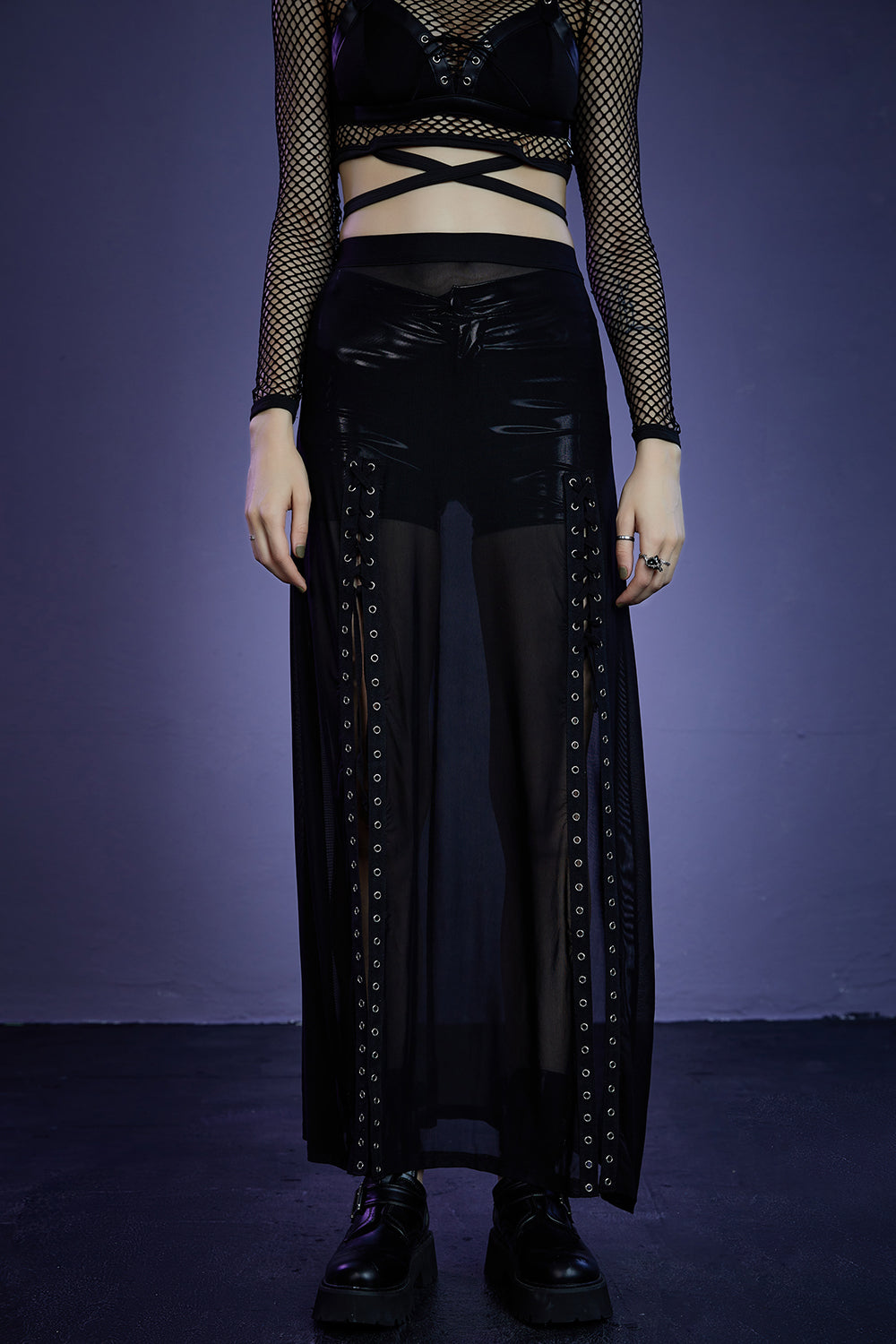 Gothic Black Party High Slit Mesh Metal Buttons Long Skirt