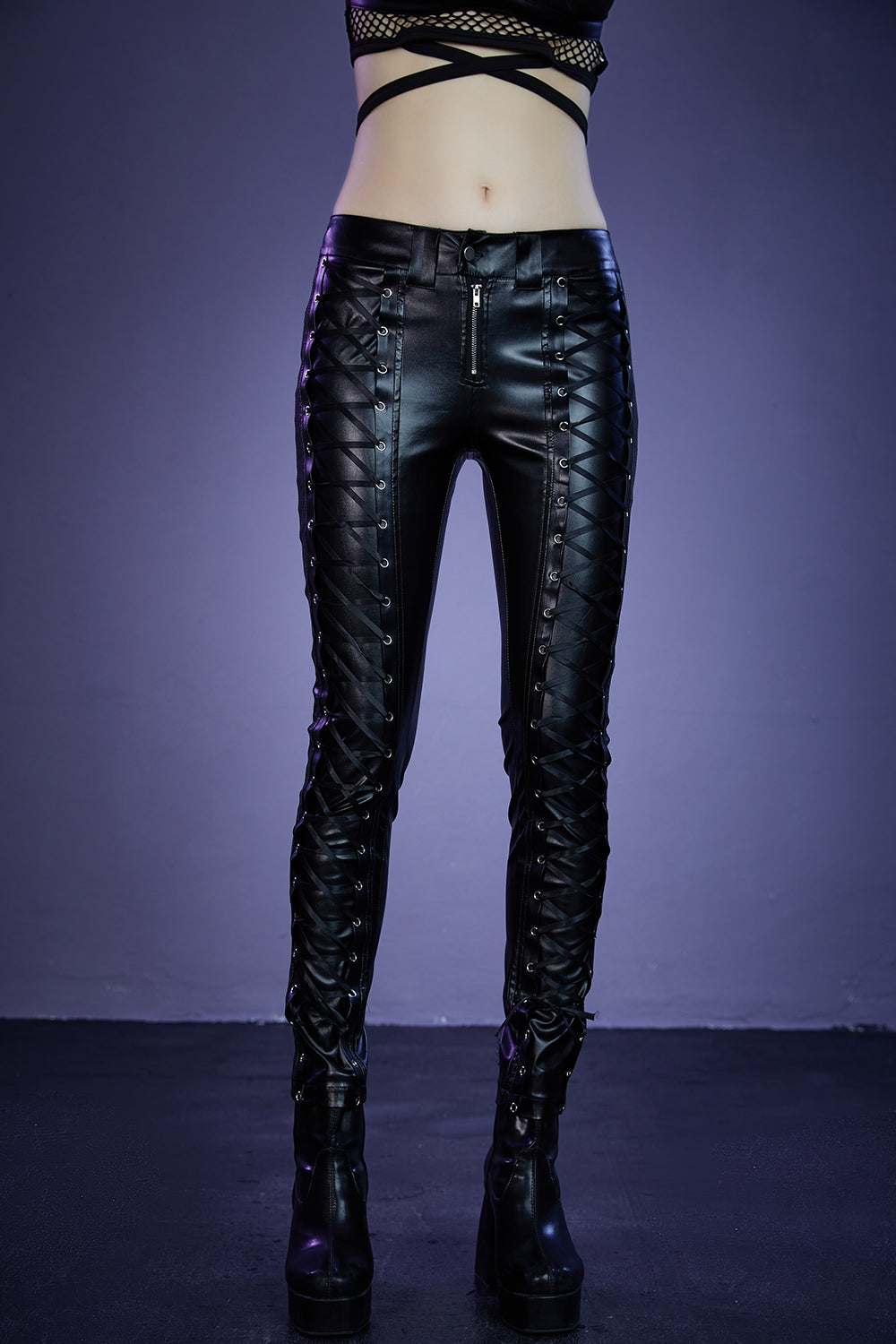 Gothic Plus Size Black Casual PU Leather Solid Color Lace Up Pants