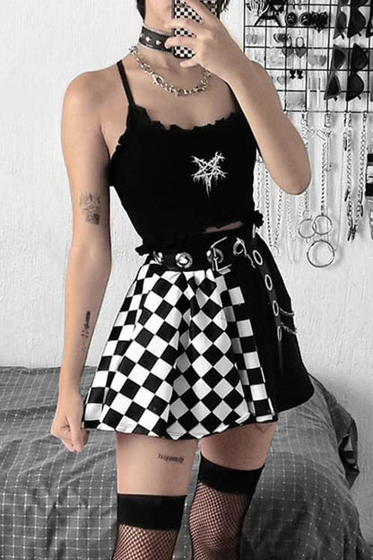 Gothic Black Casual Plaid Patchwork Colorblock High Waist Skirt