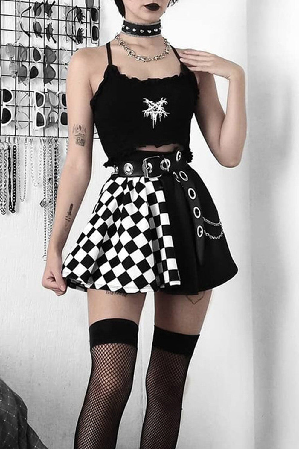 Gothic Black Casual Plaid Patchwork Colorblock High Waist Skirt