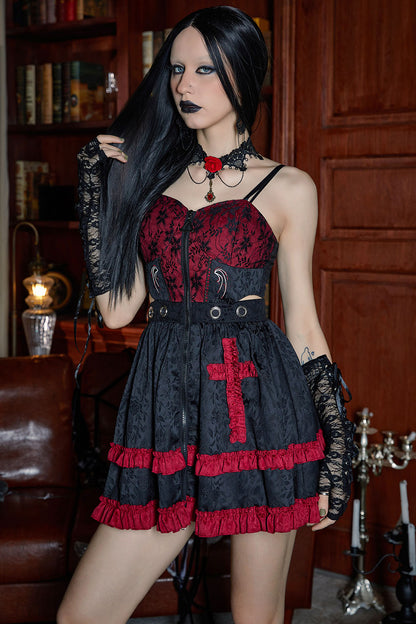 Gothic Black Party Rose Jacquard Silk Double Layer Lettuce Trim Cross Grommet Cami Mini Dress [Pre-Order]