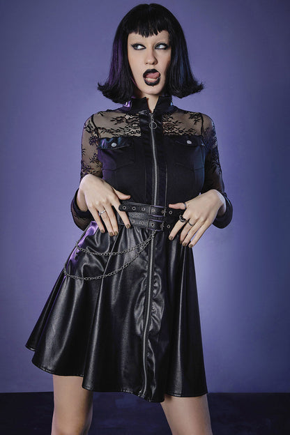 Gothic Black Party PU Leather Lace Patchwork Zipper Pockets Tunic Mini Dress