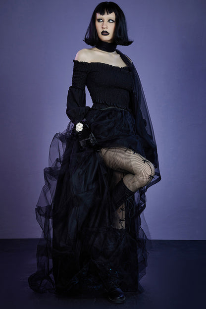 Gothic Black Formal Mesh Smocking Elastic Two Pieces Skirt Set [Pre-Order]
