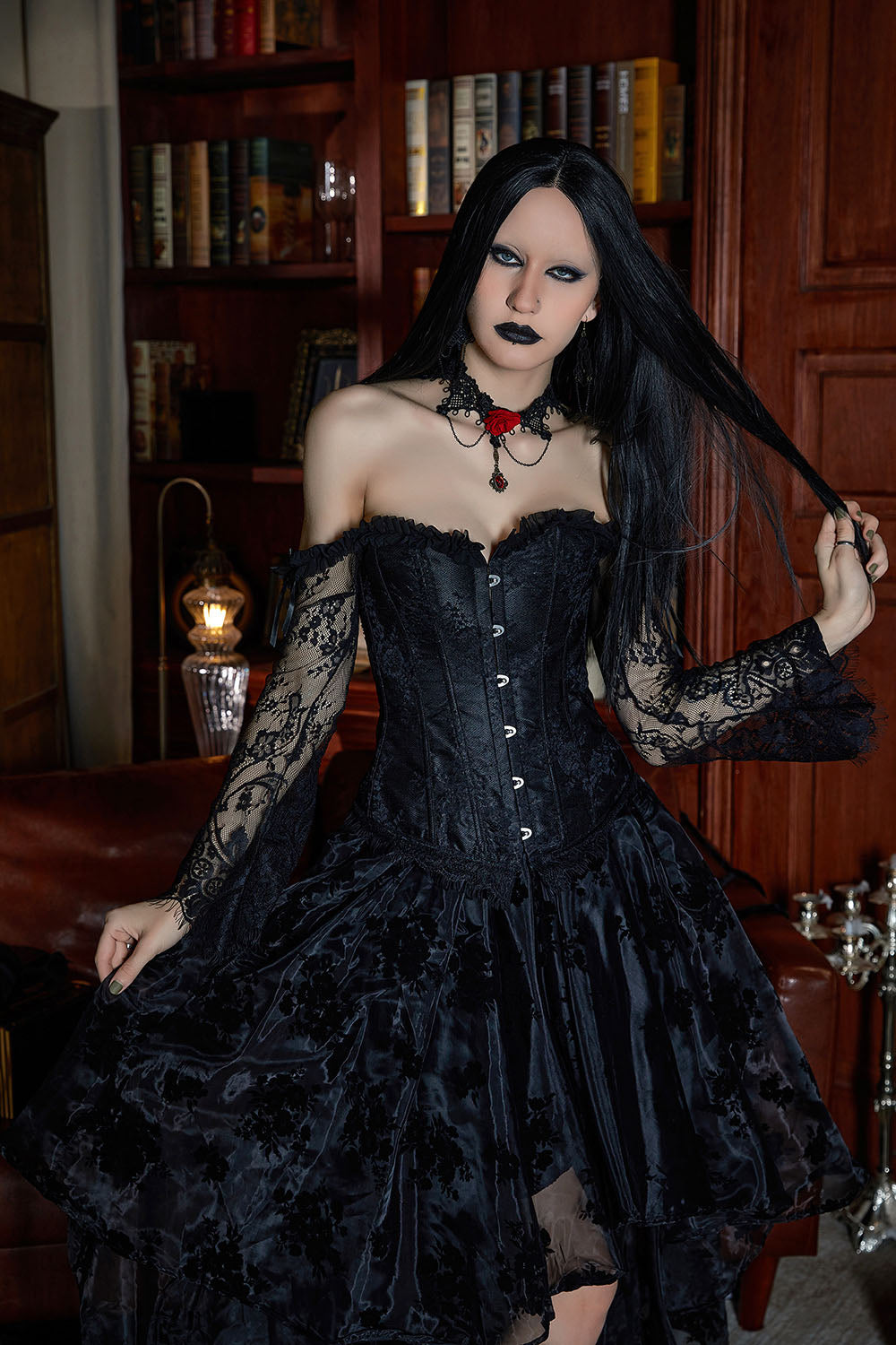Gothic Plus Size Black Party Lace Off The Shoulder Corset Mesh High Low Two Pieces Dress Set