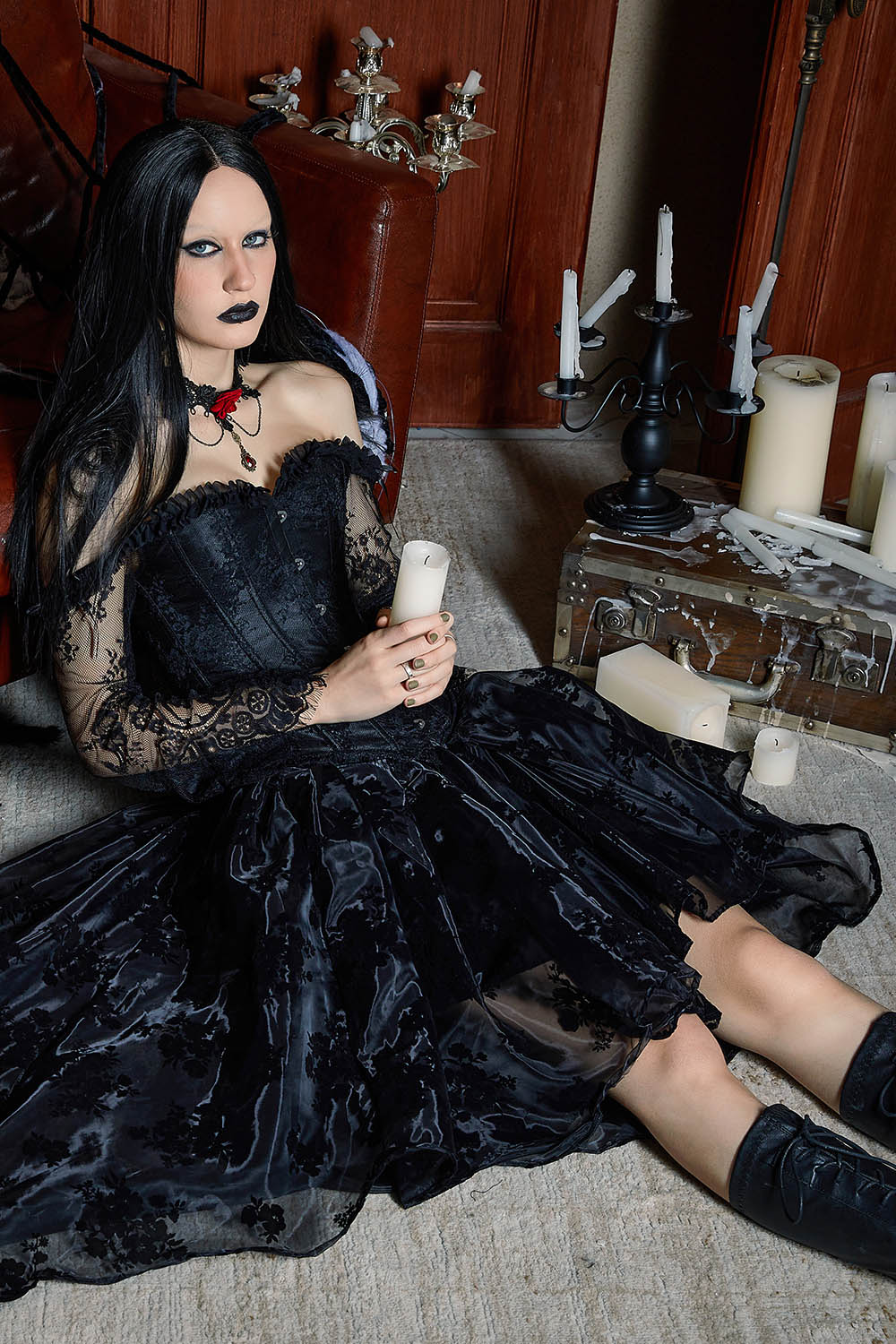 Gothic Plus Size Black Party Lace Off The Shoulder Corset Mesh High Low Two Pieces Dress Set