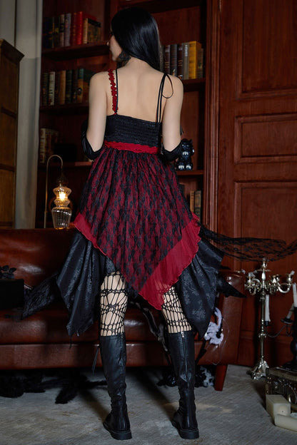 Gothic Red Party Lace Jacquard Layered Irregular Decorative Straps Midi Dress [Pre-Order]