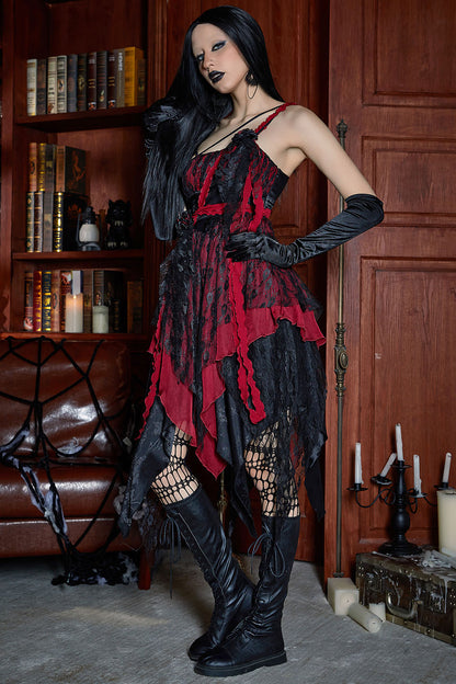 Gothic Red Party Lace Jacquard Layered Irregular Decorative Straps Midi Dress [Pre-Order]